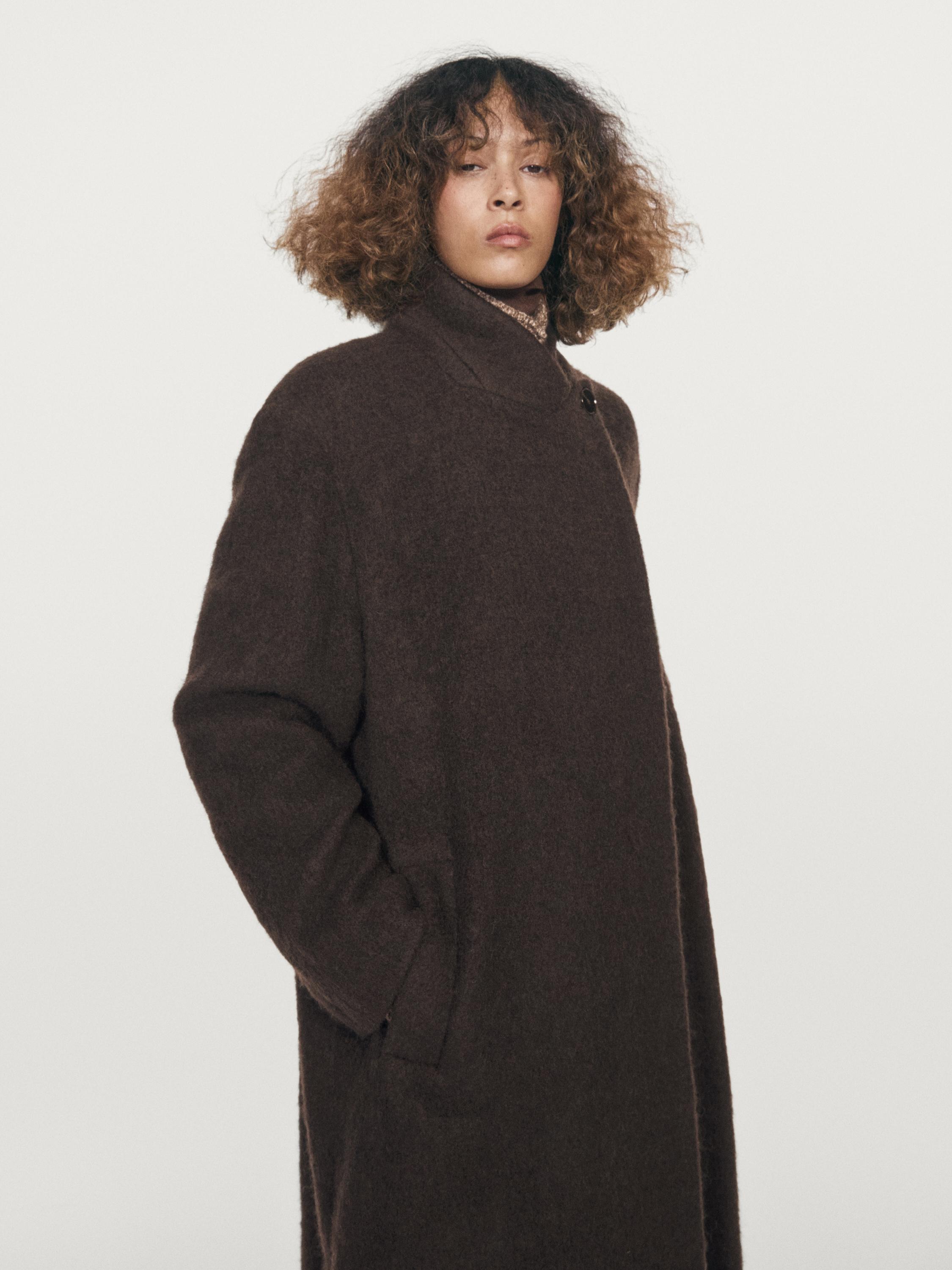 Long double-breasted coat with brushed finish